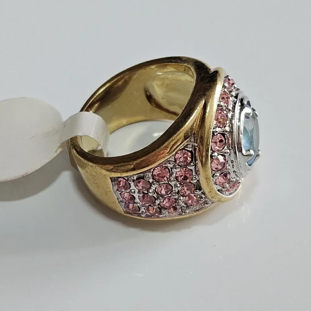 Gold tone pink and blue rhinestone ring Size 8.75